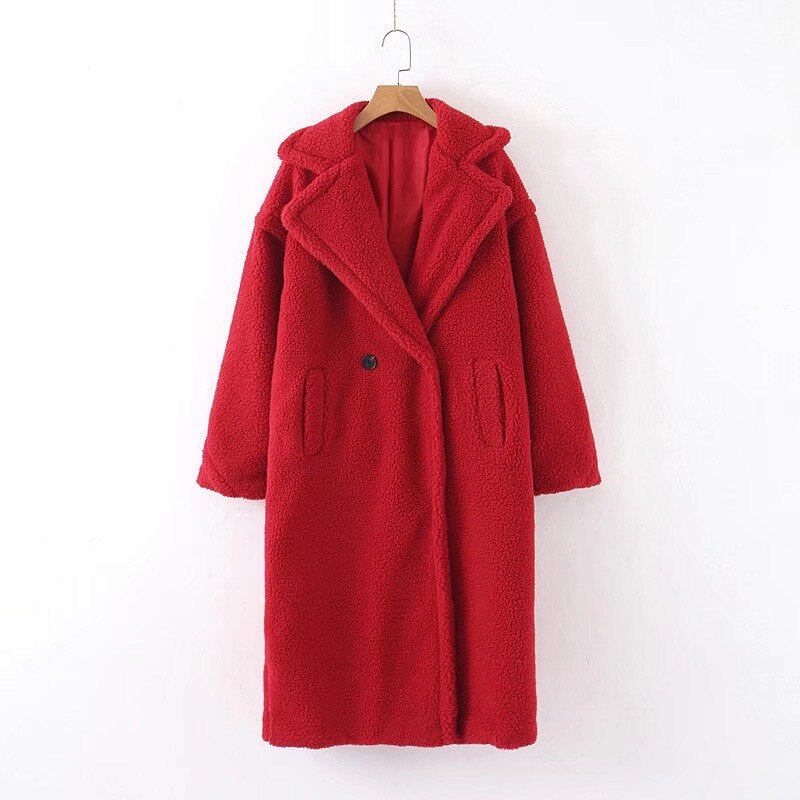 Abrigo largo de piel sintética con cuello con muescas para mujer, Chaqueta larga mullida de borreguito, ropa para mantener el calor, color púrpura, para invierno: Rojo / L