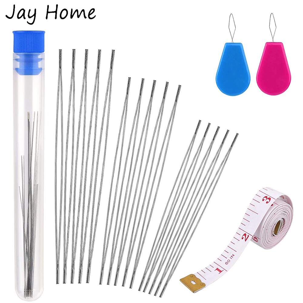 Agujas para bordar abalorios, agujas de plástico para enhebrar cuentas de ojos grandes, cinta métrica para manualidades, herramientas de costura, 15 piezas