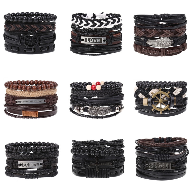 Pulseira de couro trançado 4 pçs/set, pulseiras para homens e mulheres, vintage, contas de madeira, cruz, étnica, esperança