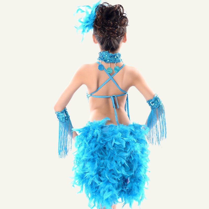 Sequin frange bleu rose rouge Salsa robe enfant filles enfants gland Latin robes filles Latin danse Costumes: Bleu / XXXL