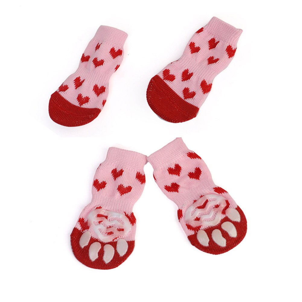 Dog Protector Socks 4pcs Anti-Slip Winter Socks cute Slip Socks Cute Dog Cat Anti-Slip Knit Sock Winter Indoor socks Wear On Paw: Pink / M