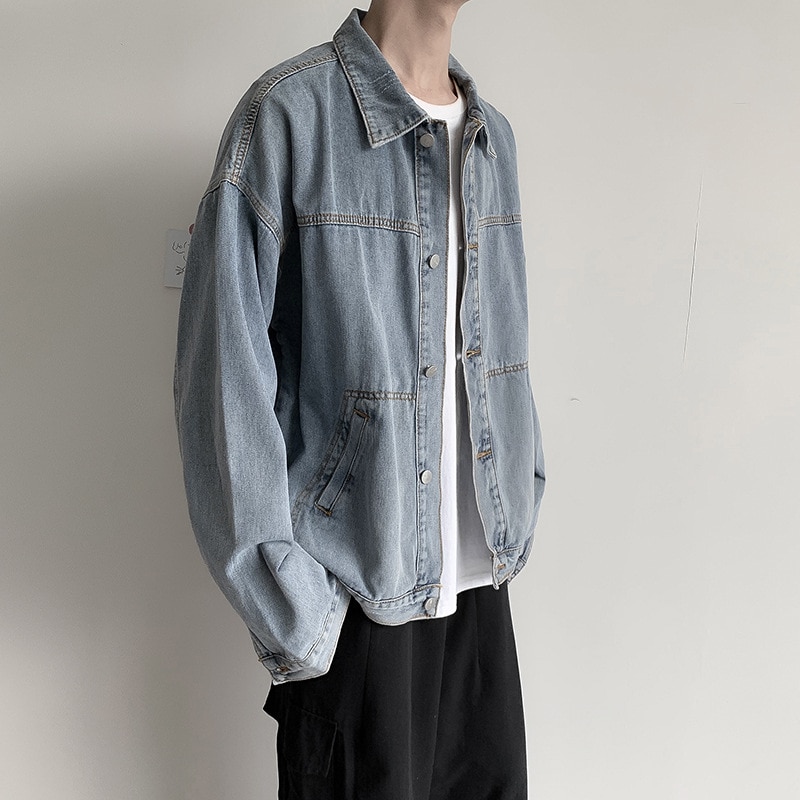 Retro tooling denim jacket men's spring autumn casual student loose jacket mens clothing trends distressed denim jacket