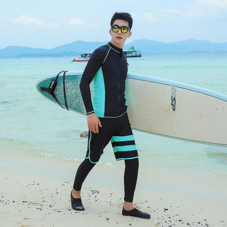 Koreansk japan stil rashguard mand svømme t-shirt+legging+trunk sæt langærmet surfing dragt mandlige uv badetøj plus str.: 1 / Xxl