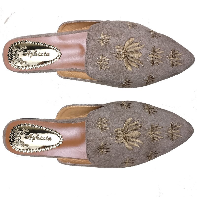 Aphixta femmes chaussures araignée pantoufles broderie peu profonde talon bas plat avec automne fleur Point orteil extérieur noir pantoufle: Khaki-Flower / 6.5