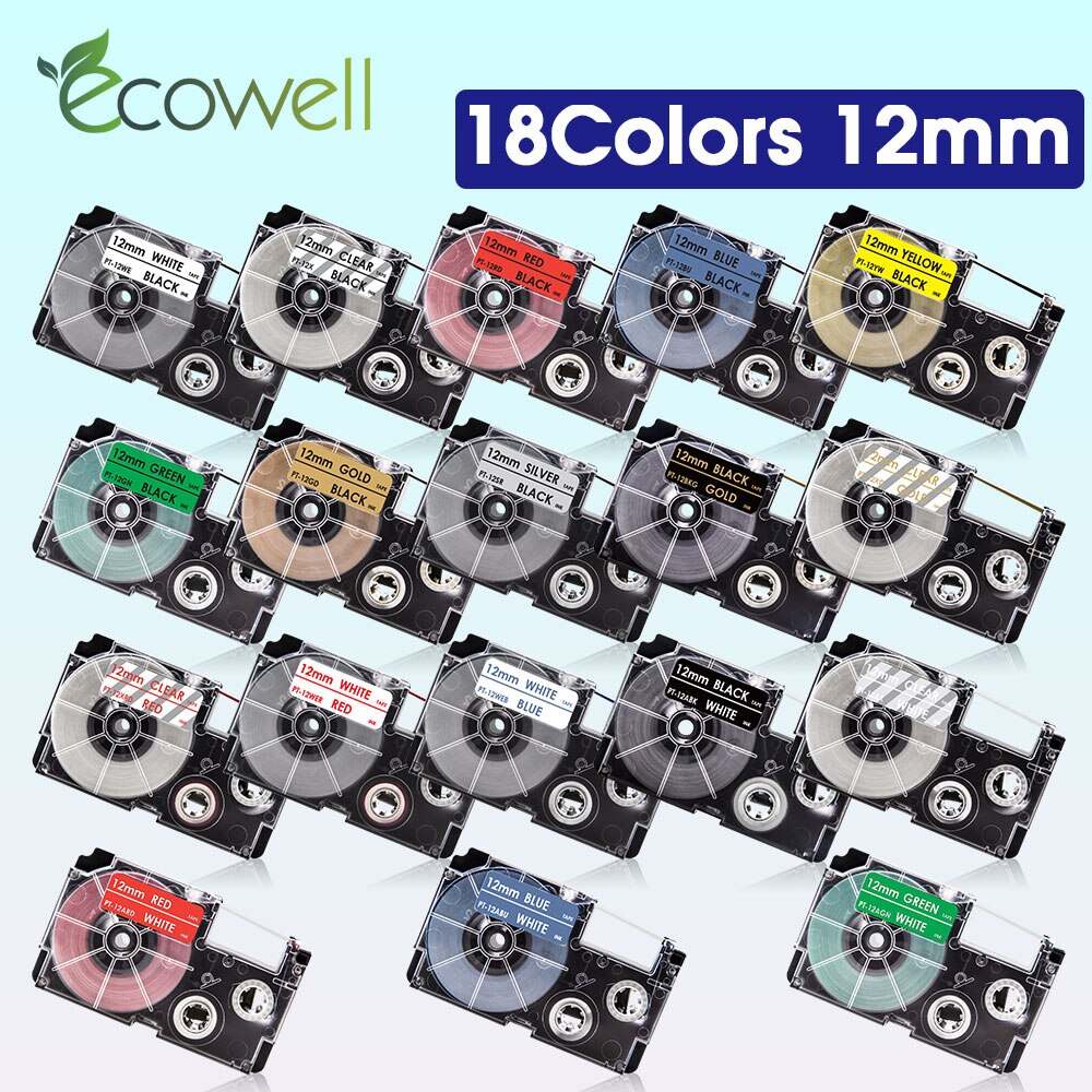 Ecowell 18Colors XR-12WE For Casio 12mm XR 12WE XR-12X XR-12RD XR-12BU XR-12YW XR-12GN label tape for Casio KL-60 KL-120 printer