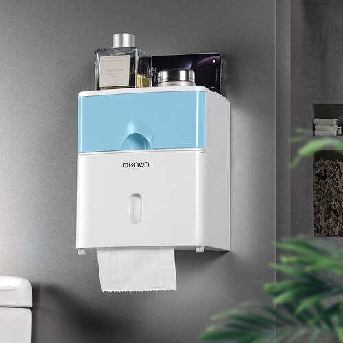 Double-layer Multifunctional Tissue Box Toilet No Holes Box Toilet Waterproof Easy To Install with The Drawer: Blue