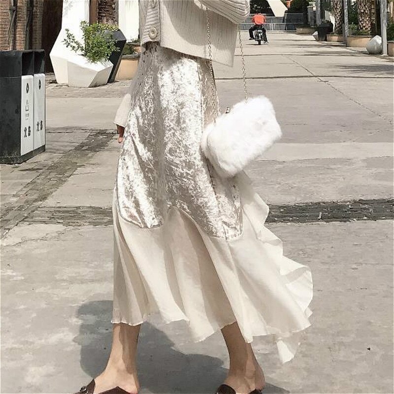 Faldas de Retro para mujer, artístico, de primavera, Trompeta clásica que combina con todo, temperamento de sirena, malla de retales, estética con clase: beige / L