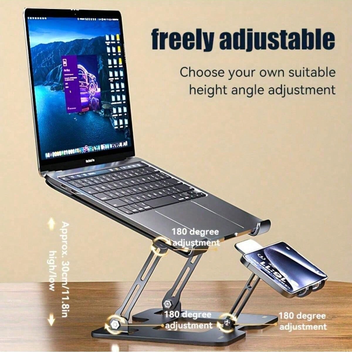 Support réglable pour ordinateur portable et tablette 2 en 1 qui pouvant accueillir des smartphones et des ordinateurs portables. Coussin de refroidissement pliable en acier au carbone