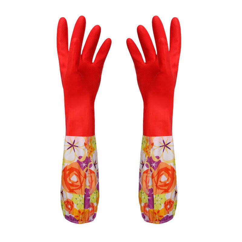 Blomst gummi fløjl lange handsker husholdningshandsker antiskid husholdning opvask rengøringshandsker: Rød