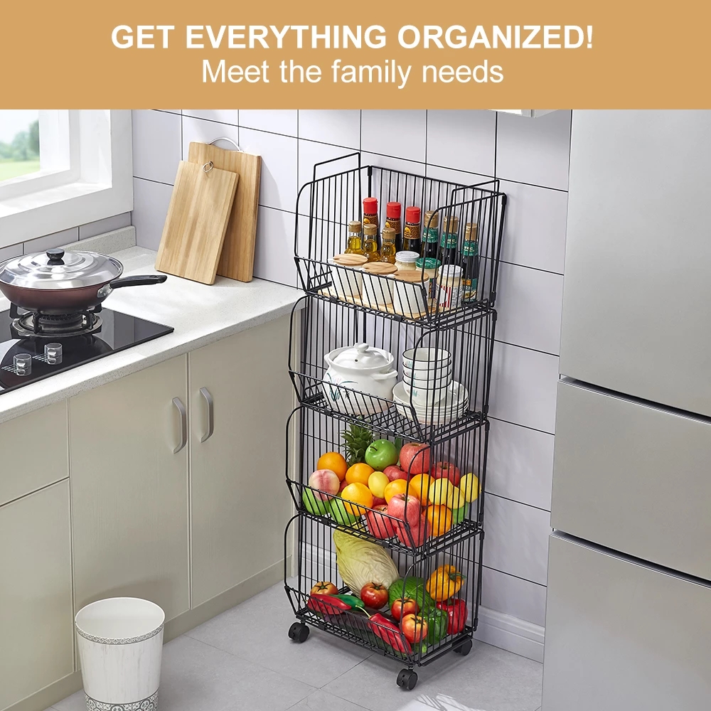 4 Tier Stackable Collapsible Kitchen Storage Baskets with Casters TrolleyRack Shelf Rolling Storage Bins for Kitchen Bathroom