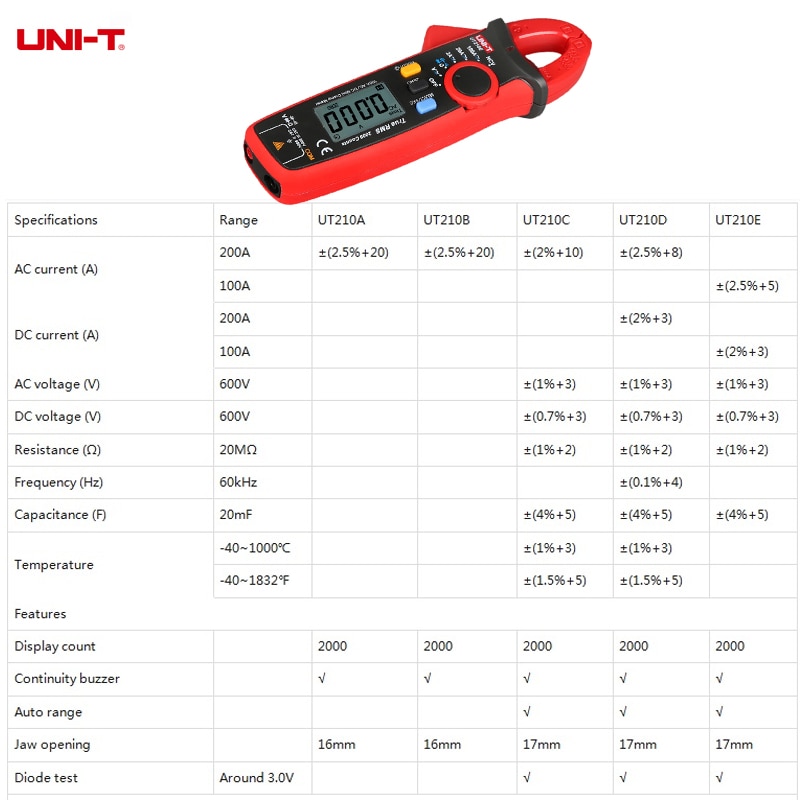 UNI-T UT210D UT210E Pro Digital Mini Clamp Meter AC DC Current True RMS Capacitance Tester Auto Range VFC Multi-Tester