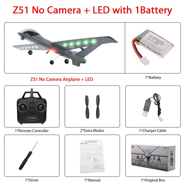 Vliegende Model Zweefvliegtuigen Rc Vliegtuig 2.4G 2CH Predator Z51 Afstandsbediening Rc Vliegtuig Spanwijdte Foam Hand Gooien Zweefvliegtuig Speelgoed vliegtuigen: nocamera LED 1BA box