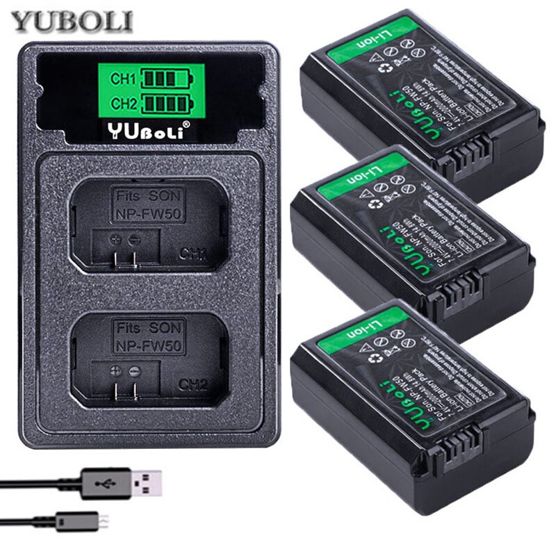Yuboli 2000Mah NP-FW50 Np Fw50 Batterij Akku + Led Dual Usb Charger Voor Sony A37 Alpha 7 7R Ii 7S A7S A7R Ii A5000 NEX-7 DSC-RX10: charger and 3battery