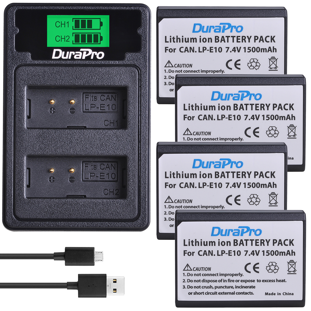 Batterie avec chargeur pour Canon EOS 1300D, EOS 1100D, EOS 1200D, Rebel T5, Rebel T6, Rebel T3, 1500mAh, LPE10, LP-E10: 4Battery 1Charger