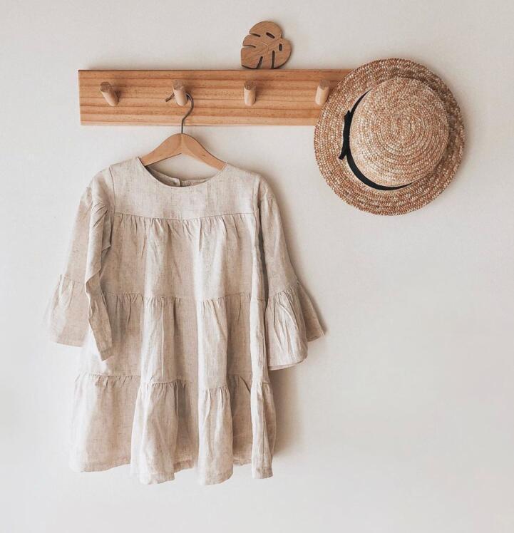 Vestido de lino y algodón liso para niña, Vestido de manga larga, de princesa, vestidos largos hasta la rodilla, primavera