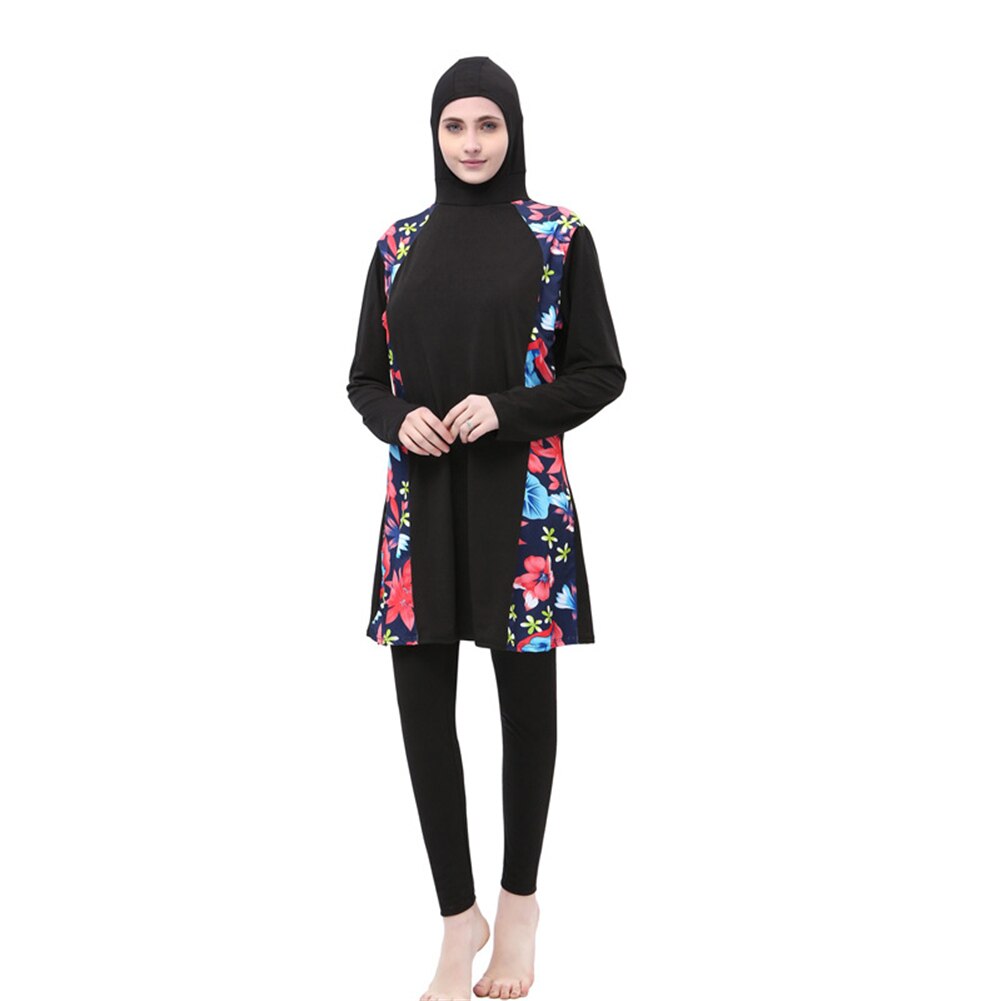 Muslim Swimsuit Plus Size Islamic Swimwear Women Full Face Hijab Swimwear Burning Islam Swimsuit with Flowers Clothing Burkinis: Black / L