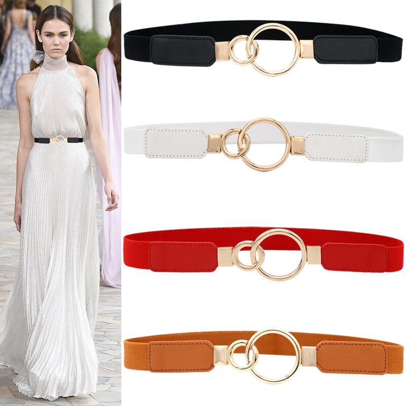 Fajas con hebilla de doble círculo dorado para mujer, cinturón elástico fino para vestido, cinturones de cuero de imitación para mujer, de