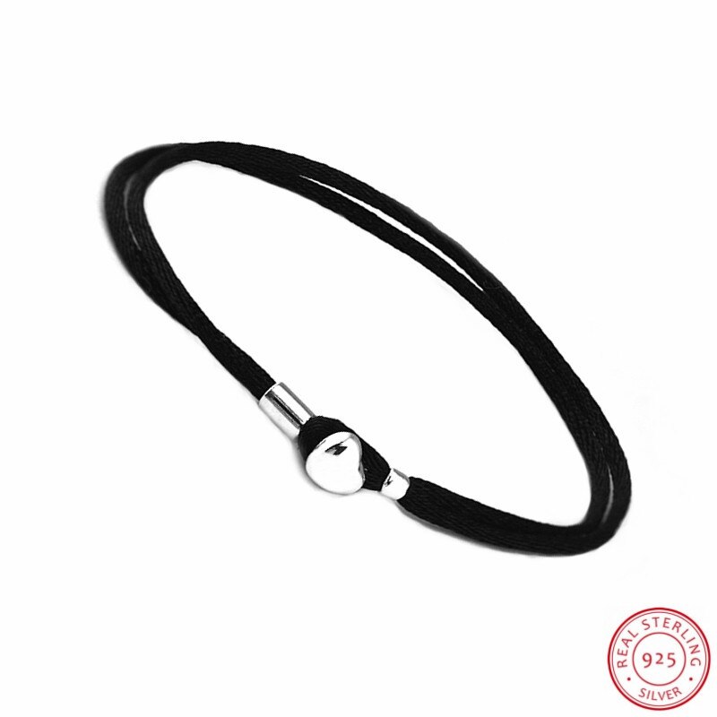 Goedkope 925 Sterling Zilveren hartvormige Sluiting Zwart Dubbele Momenten Stof Koord Armbanden voor Vrouwen Sieraden Maken PL801