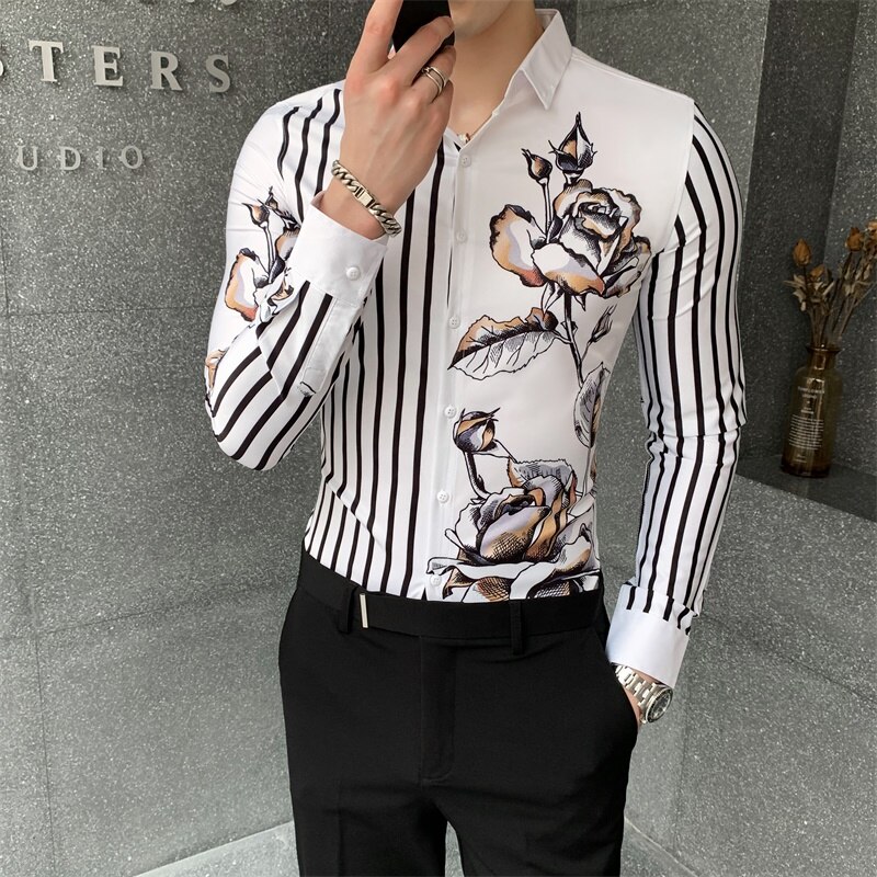 Efterår stribede skjorter til mænd slim fit streetwear afslappede skjorter langærmet blomsterskjorte camisa masculina business socialt tøj til mænd: Hvid / Xl 60-65kg