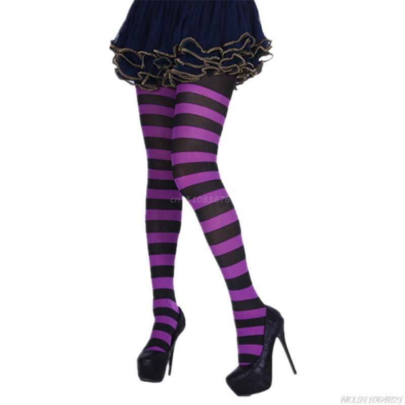 Women Girls Rainbow Multicolor Striped Tights Opaque Stockings Full Length Slim Pantyhose for Christmas Halloween Cosplay au20: Purple black