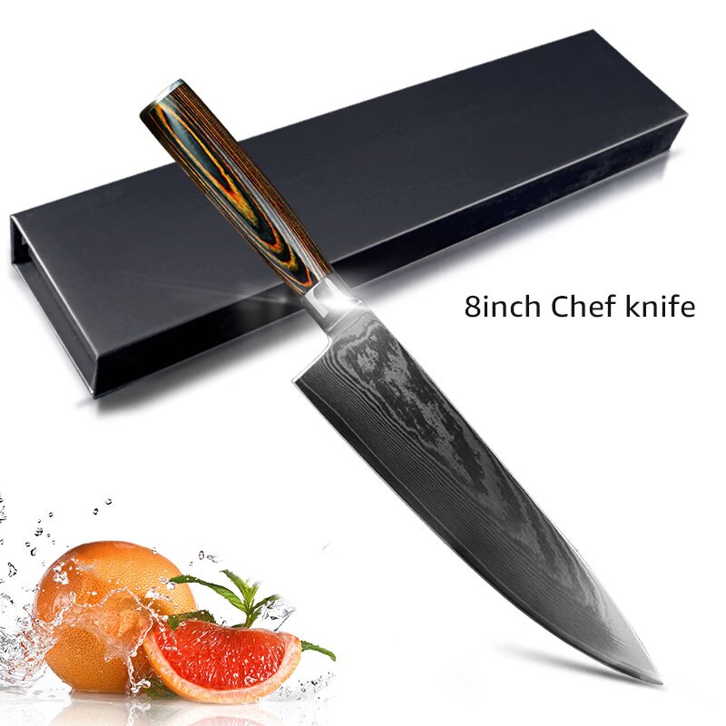Damaskus kniv köksknivar japansk kock santoku kniv 67 lager damaskus knivar i rostfritt stål ultra skarpt pakka handtag: 8 tums damaskus kniv