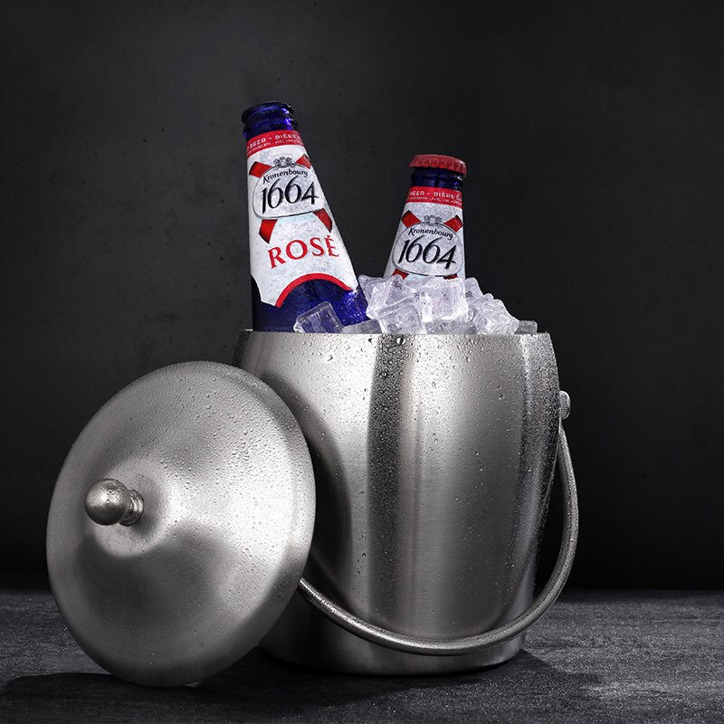 Double Layer Stainless Steel Handle Ice Bucket Double Insulation Belt Cover Ice Bucket Bar Stainless Steel Ice Grain Barrel