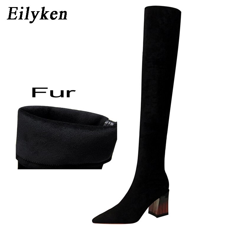 Eilyken – cuissardes à talons épais pour femme, bottes chaudes à enfiler, en daim élastique, cuissardes hautes, taille 34 à 40, collection automne-hiver 2022: Fur black / 34