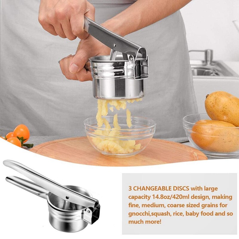 Rvs Aardappel Ricer Stamper Met 3 Verwisselbare Schijven Voor Fijn, Medium En Grof, makkelijk Te Gebruiken Voor Aardappelen