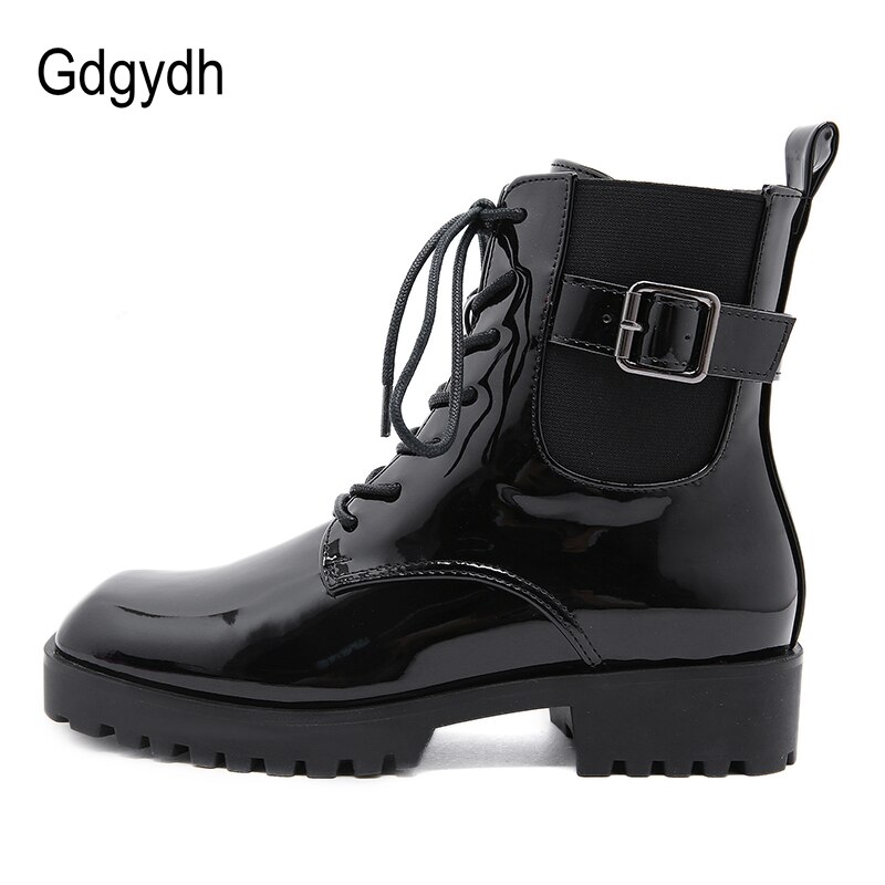 Gdgydh höst vinter kvinnor skor fyrkantig tå gotiska punk dam skor låga klackar kvinnor ankel boots metall spänne snörning korta stövlar