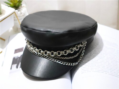 Punk Style Dark Black Chain Navy Hat Cap Female Au... – Grandado