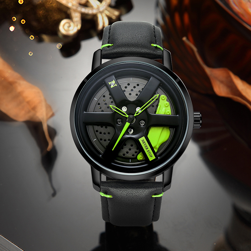 Reloj de UTHAI L98 para hombre, deportiva, personalidad, coche Hub 360 ° Reloj de pulsera de cuarzo para hombre de cuero resistente al agua con rotación