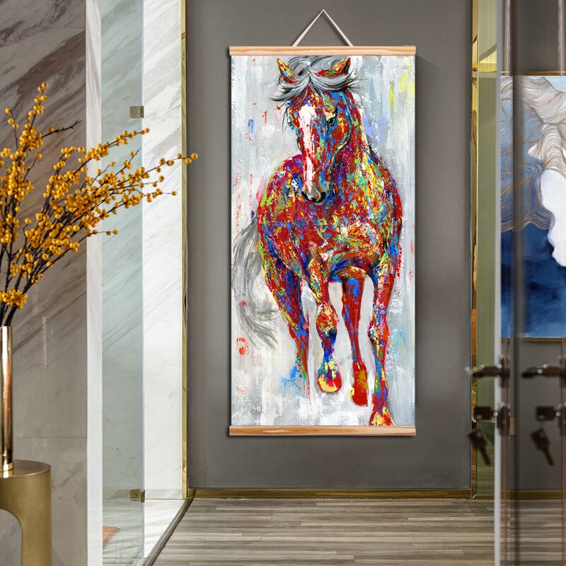 WANGART frame schilderij Groter Originele Running Horse Schilderijen Wall Art Houten Scroll Muur Foto Voor Woonkamer