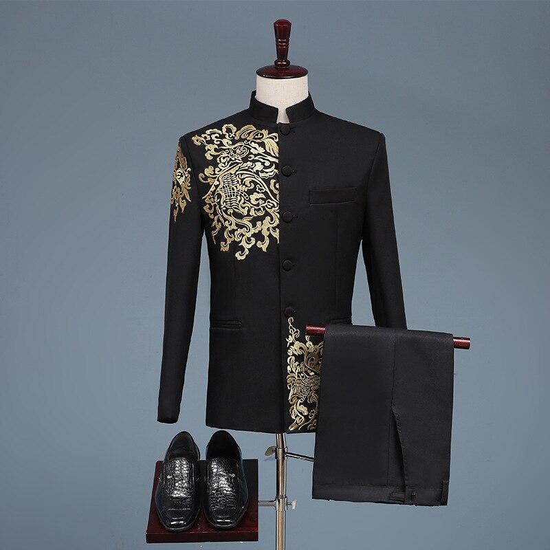 Chinese Style Wedding Suit Jacket Men Embroidery Patterns chinese Tang suit Mandarin Collar Suit Chinese Tunic Suit Top+Pants: black / S