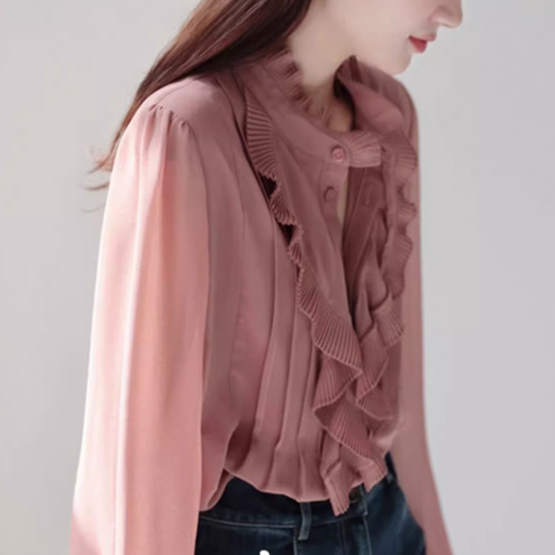 Camisa de gasa con volantes para mujer, de Color sólido blusa , informal, combina con todo, primavera y otoño