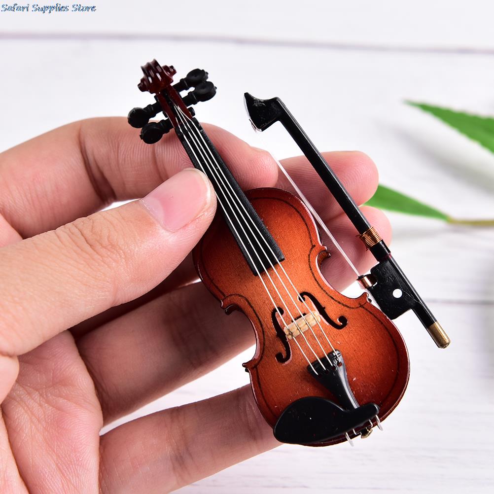 Mini Violin with Support Miniature Wooden Musical Instruments Collection Decorative Ornaments