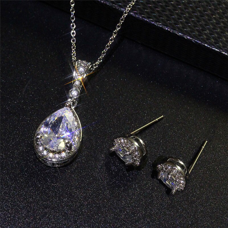 Luxury Female White Crystal Jewelry Set Charm Silver Color Stud Earrings For Women Dainty Geometry Zircon Wedding Chain Necklace