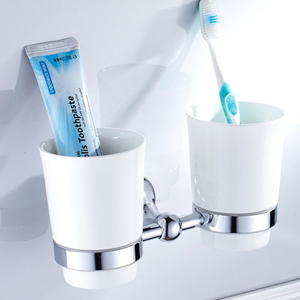 Verchroomd Messing Gemaakt Wall Mount Bad Hardware Sets Handdoek Bar Robehaak Papier Houder Vierkante Badkamer Accessoires Set: Double Cup Holder