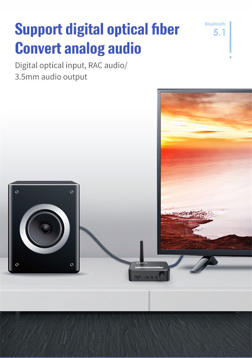 Digital-analog-audio-dac-wandler-adapter mit digitalem spdif-, optischem toslink-  to 3.5mm 3.5 -anschluss sowie rca-l/r-anschluss und bluetooth- 5.0- empfänger