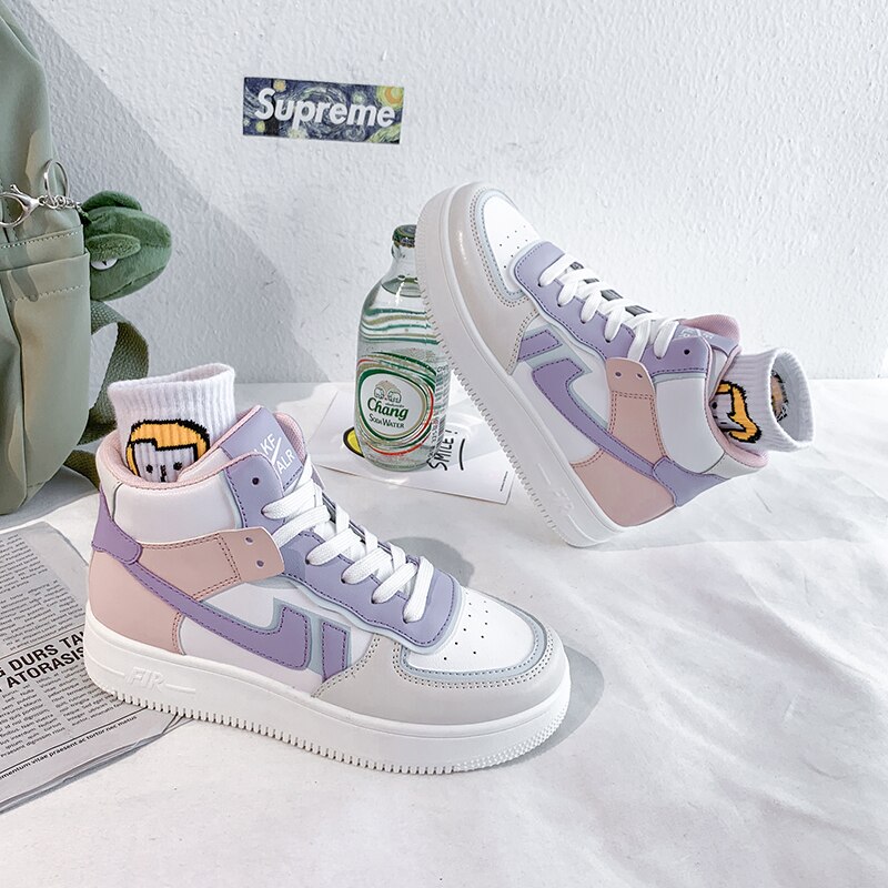 Women Platform Sneakers Korean PU Leather Trainers Womens Chunky Sneakers Tenis Female Spring Lace Up Casual Shoes