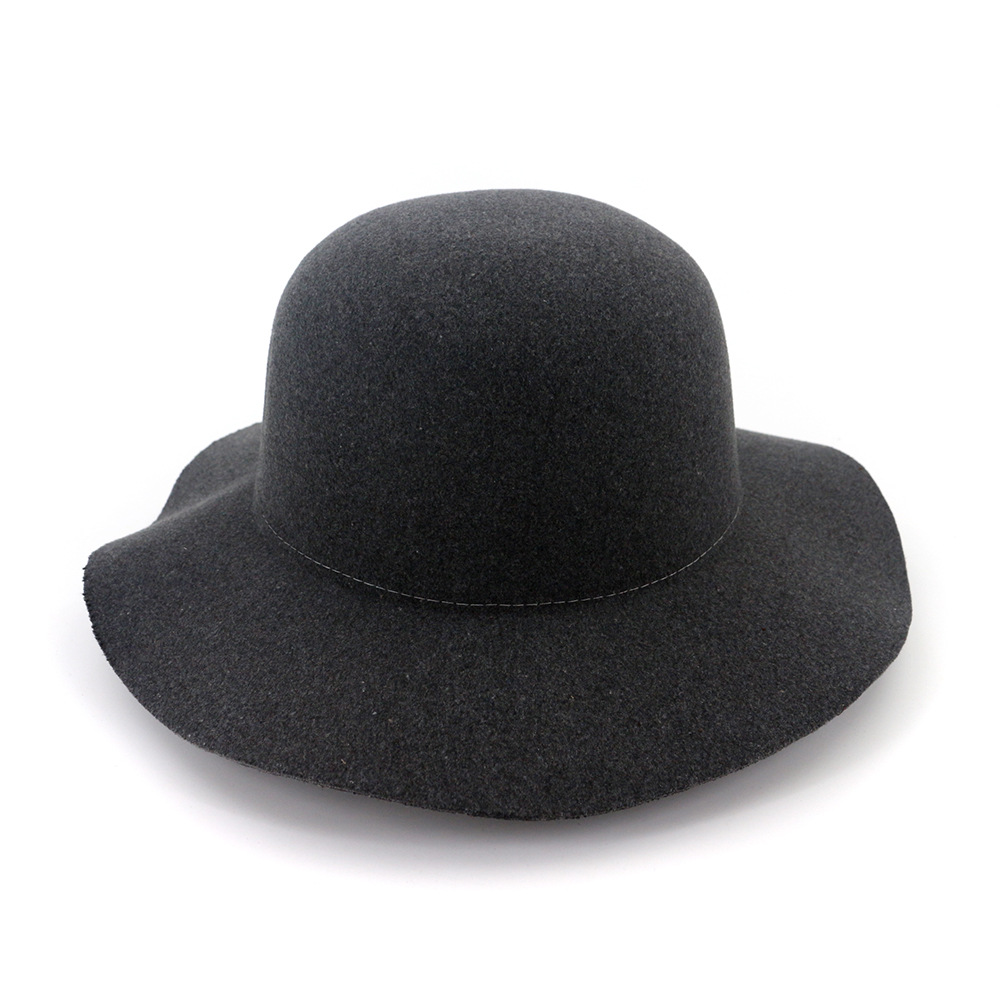 Retro Autumn Church cap For Women Bucket caps Soft Wide Brim Wool Felt Bowler Fedora Hat Floppy Cloche Women&#39;s Large Hat HF142: dark grey