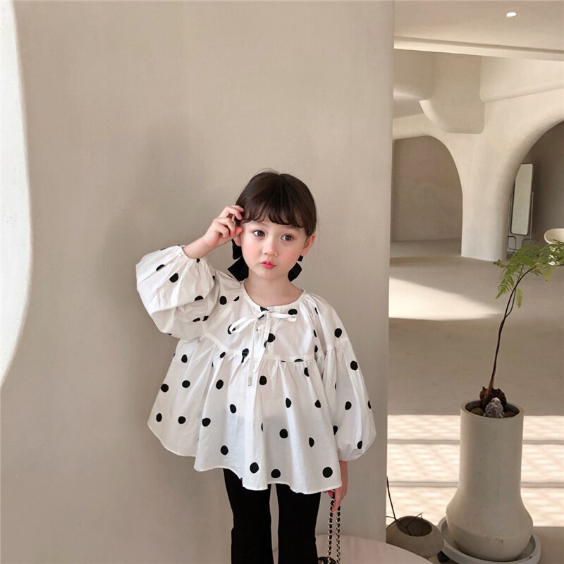 Blusa holgada de manga larga con lunares para niña, ropa a la , primavera,