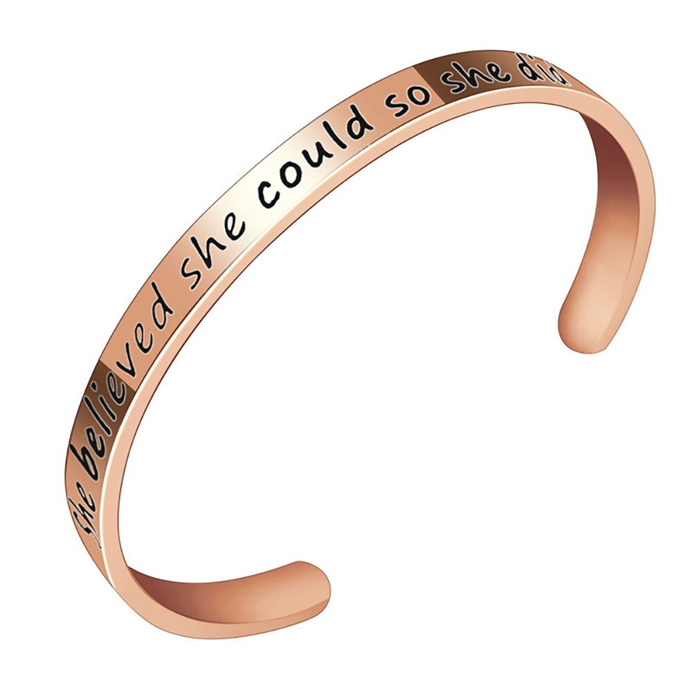 FINE4U B433 Inspirational Bracelet Cuff Bangle for Best Friend Sister Mantra Quote Stainless Steel Engraved Motivational Jewelry: Rose Gold