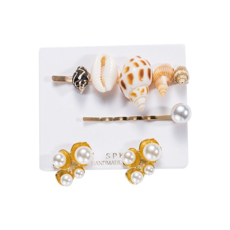 Find Me Shell Rhinestone Earrings Hairpins Jewelry Set for Women Simple Alloy Imitation Pearl Hair Clips Accessories: 7
