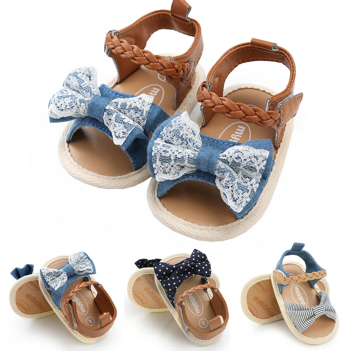 Söt sommar bebis flickor sandaler prinsessa spets rosett platta klackar småbarn barn barn fest bröllop spanska skor träskor