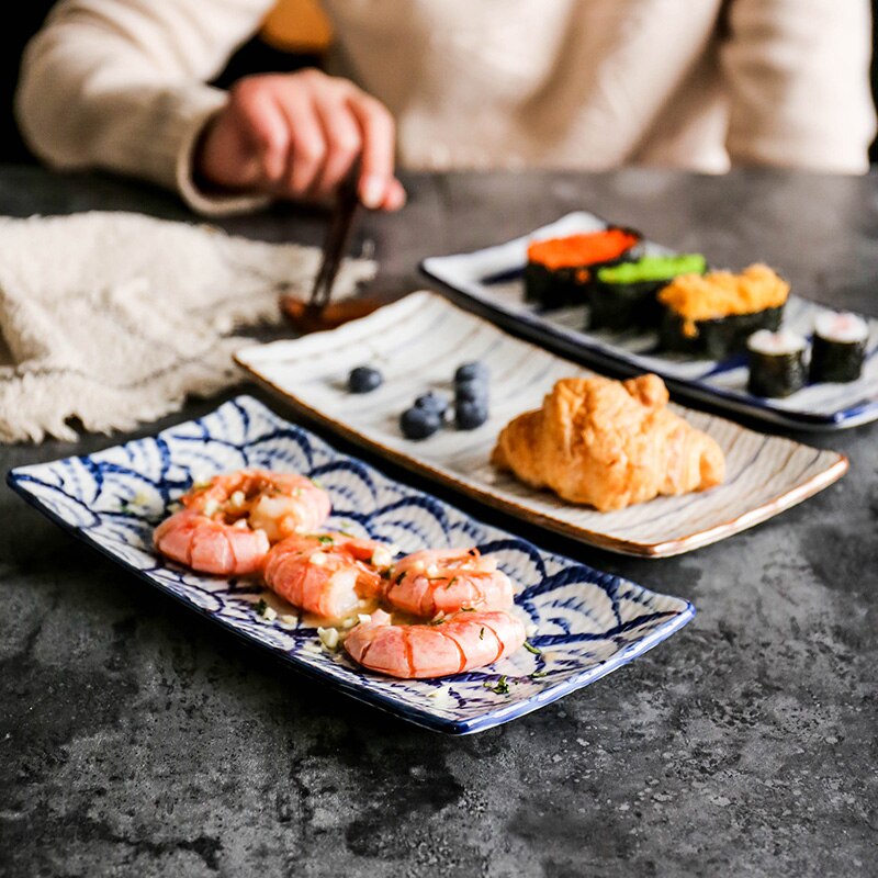Kreative Japanische Keramik Platte Hand-Gemalt Unterglasur Rechteck Nachtisch Obst Sushi Platte Knödel Gericht Haushalt Geschirr