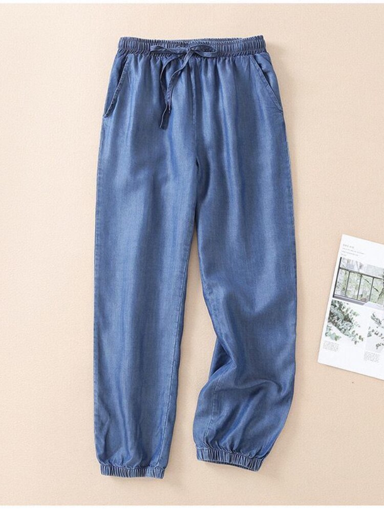 Jean d'été en soie glacée pour femmes, pantalon Harem, taille haute, ample, mince, élastique, classique: Bleu / S