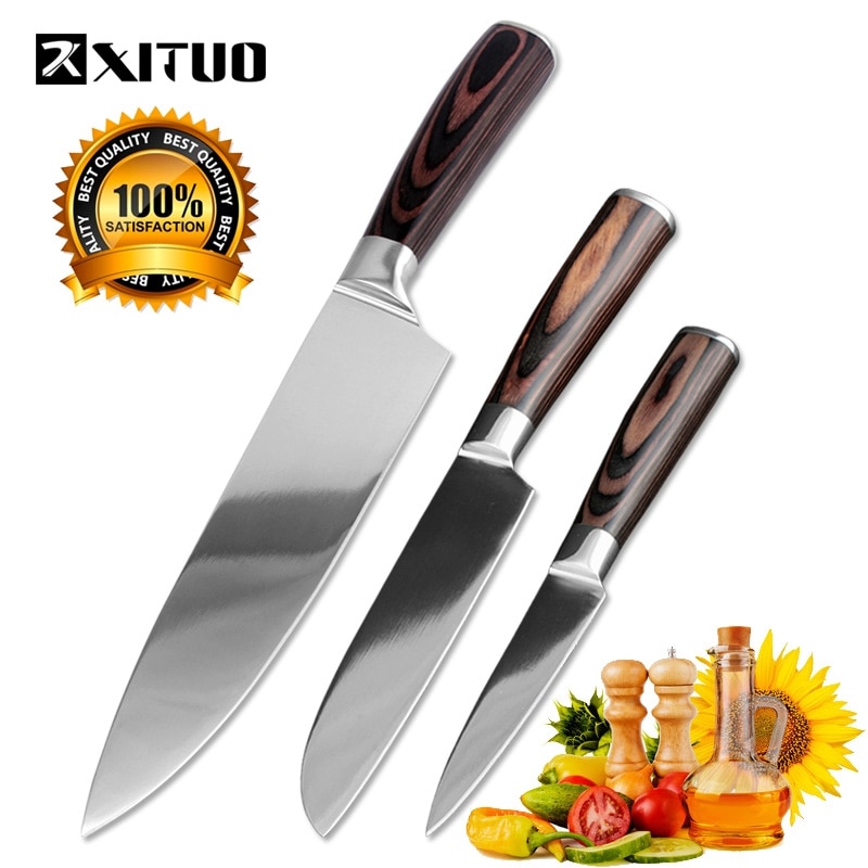 Xituo 3 stk rustfrit stål køkkenknive sæt farve træskaft brød kokkekniv udskæring værktøj skærekniv multi madlavningsværktøj