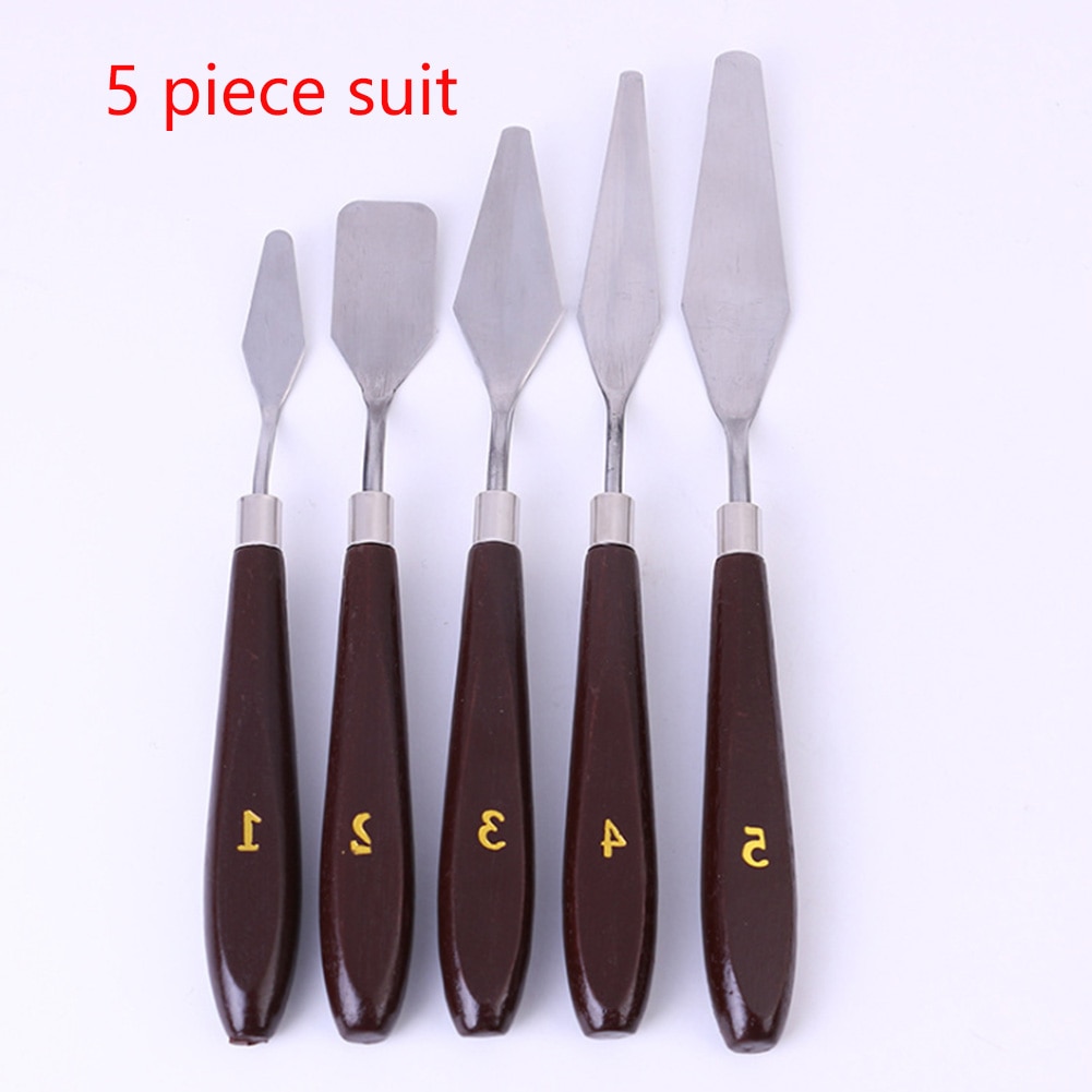 5pcs Artist Wooden Handle Tools Oil Painting Spatula Mixing Scraper Paint Palette Stainless Steel