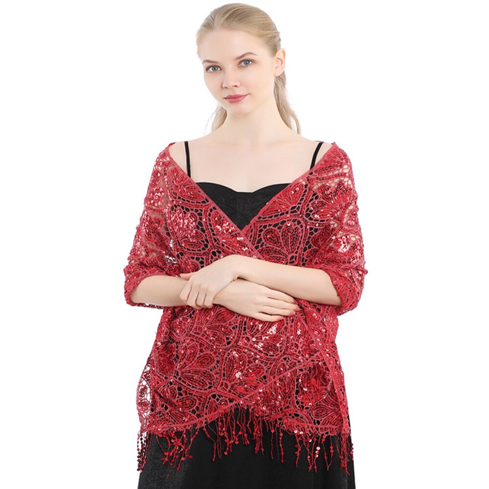 Scialle di pizzo con paillettes vuote da sposa da donna di lusso avvolgere il partito femminile lucido luccichio stola sciarpa da ballo con nappa: rosso