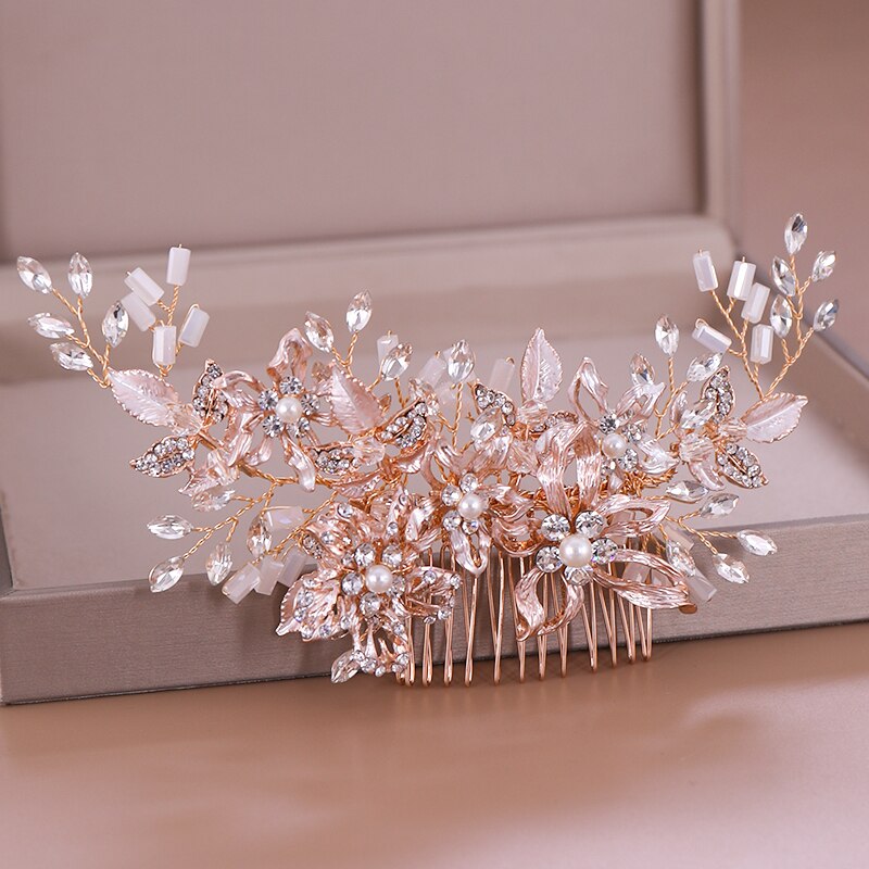 Peines para el pelo de boda con diamantes de imitación en oro rosa a la , accesorios para el pelo para novia, tocado de cristal, adornos para el pelo, joyería para el pelo de boda